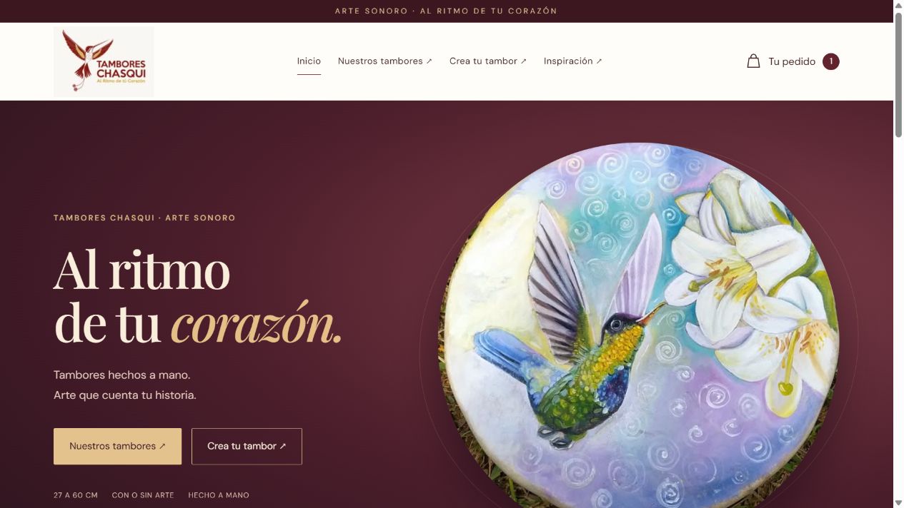 Web de Tambores Chasqui con un tambor pintado y el mensaje Al ritmo de tu corazón