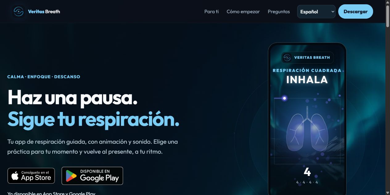 Captura real de la página de Veritas Breath: Haz una pausa. Sigue tu respiración, con enlaces a App Store y Google Play